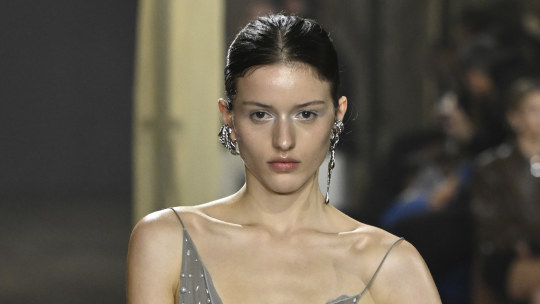 See-through embellished slip dresses harked back to early 90s grunge at Albus Lumen’s Monday fashion week show. 