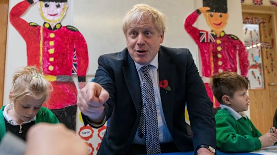 Boris Johnson in election mode at a primary school. 