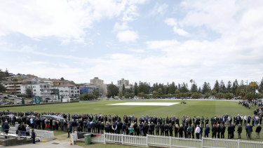 The scene at Jeffrey Sayle's beloved Coogee Oval for his funeral on Friday.