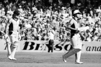 New Zealand batters Brian McKechnie (left) and Bruce Edgar leave the field after Trevor Chappell’s final ball of the match was bowled underarm on the instructions of his brother, Australian captain Greg. 