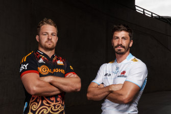 Sam Cane and Jake Gordon pose at AAMI Park ahead of Super Round.