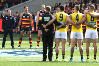 The Crows adopt the 'power stance' as they face off against Richmond before the 2017 Grand Final.