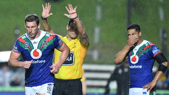 Jack Hetherington gets his marching orders on Friday night, and Roger Tuivasa-Sheck's reaction is obvious.