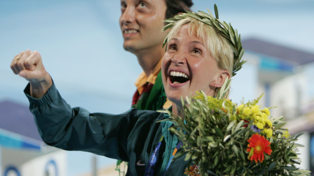 Brooke Hanson looks to the stands in joy at Athens Olympics 2004.