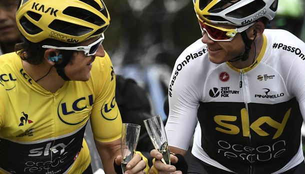 Geraint Thomas and teammate Chris Froome en route to Paris in last year's Tour de France.