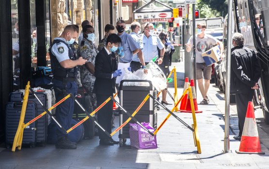 Police guard a regular quarantine hotel in Pitt Street.