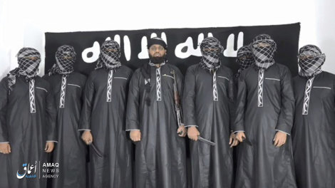 Image from Islamic State that purports to show Zahran Hashim, centre, who Sri Lanka says led the Easter Sunday attacks. 
