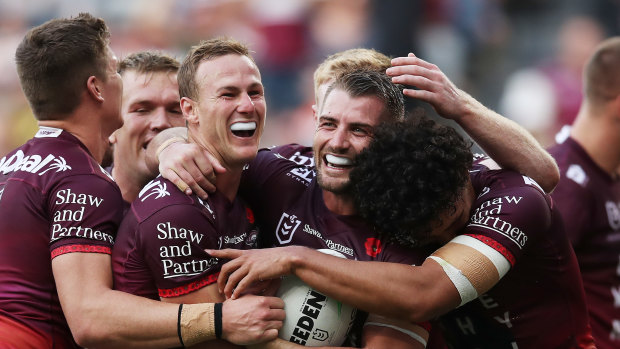 Kieran Foran celebrates a try for the Sea Eagles last season, the five-eighth’s best in many years in the NRL.