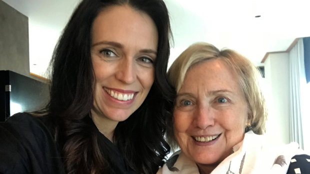Former US first lady Hillary Clinton poses for a photo with New Zealand PM Jacinda Ardern during a breakfast meeting on Monday.