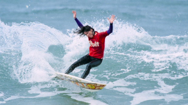 Pauline Menczer surfs at Bells Beach in 1996.
