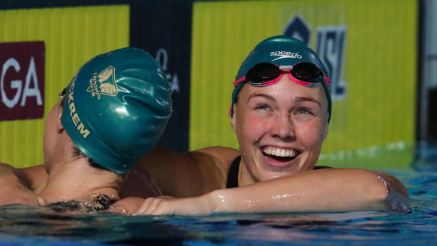 Minna Atherton and Sydney Pickrem of London Roar after the women's 200m backstroke event in London.