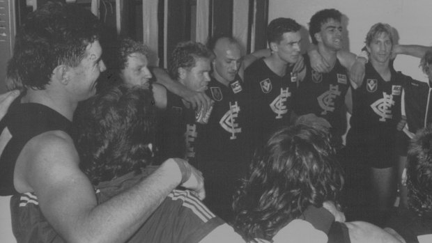 Carlton players sing the song after the 1988 finals win over the old enemy.
