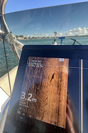 An underwater fish finder photo taken at the Sunshine Coast and posted by James Graham, which he says shows a crocodile.