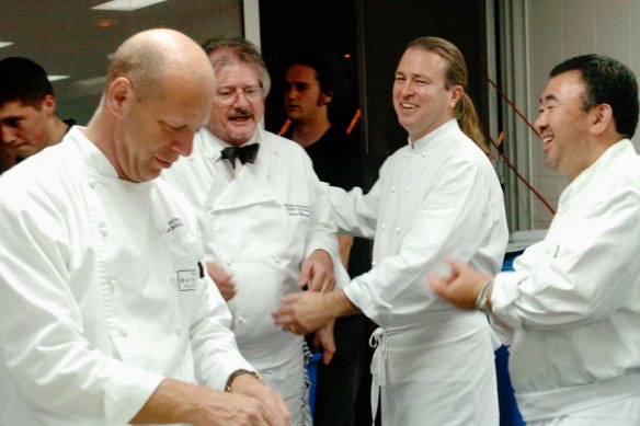 From left, Serge Dansereau, Tony Bilson, Neil Perry and Tetsuya Wakuda at the Good Food Guide 20th Anniversary Dinner in 2004.