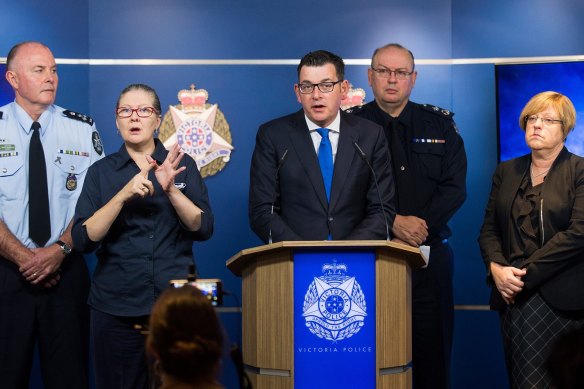 Premier Daniel Andrews, Chief Commissioner Graham Ashton and Police Minister Lisa Neville at a press conference about the Brighton siege in 2017.