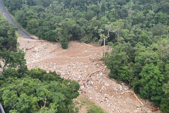 Damage to roads at Cooktown and Lions Den in north Queensland after Cyclone Jasper.