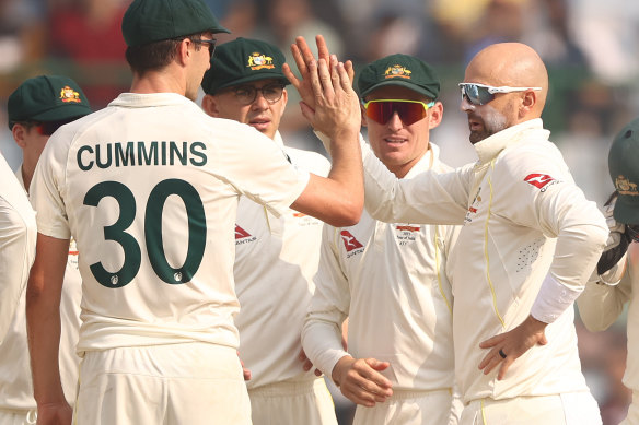 Nathan Lyon (right) after snaring the wicket of KL Rahul on day two.