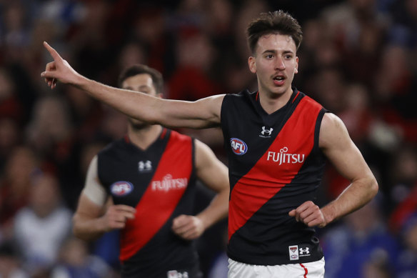 Nic Martin celebrates a goal against North Melbourne.