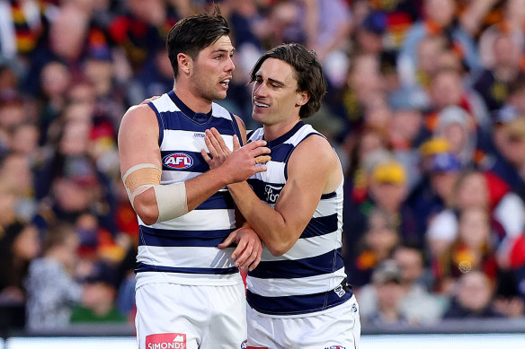 Geelong’s forwards love it when Gryan Miers (right) has the ball in his hands.