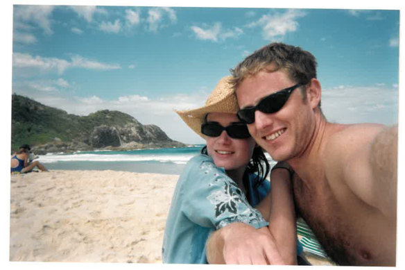 Julia Baird with her then boyfriend,
fellow journalist Morgan Mellish,
in the early 2000s.