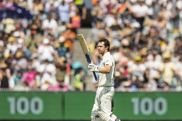 Travis Head celebrates his century at the MCG on day two of the Boxing Day Test.