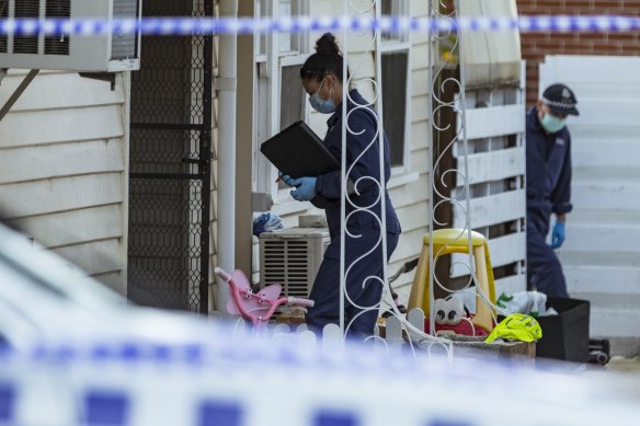 Police at the Blackburn North home where the assault occurred in August 2021. The family has since relocated.