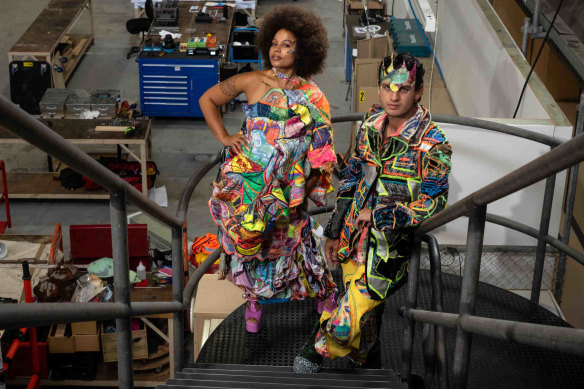 Designer Jordan Gogos and model Basjia Almaan pose for a portrait at the Powerhouse Museum, Sydney Dec 16, 2021.
