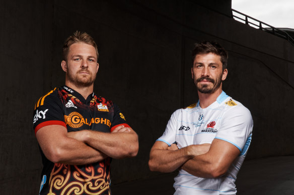 Sam Cane and Jake Gordon pose at AAMI Park ahead of Super Round.