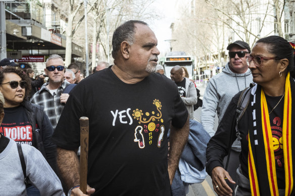 Former Essendon footballer Michael Long, with Nova Peris, embarks on his second “long walk” to Canberra to raise awareness for the Yes campaign.