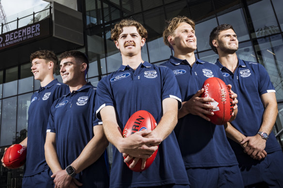 Oliver Wiltshire (centre) flanked by fellow Geelong draftees (left to right) Connor O’Sullivan, Shaun Mannagh, George Stevens and Emerson Jeka.