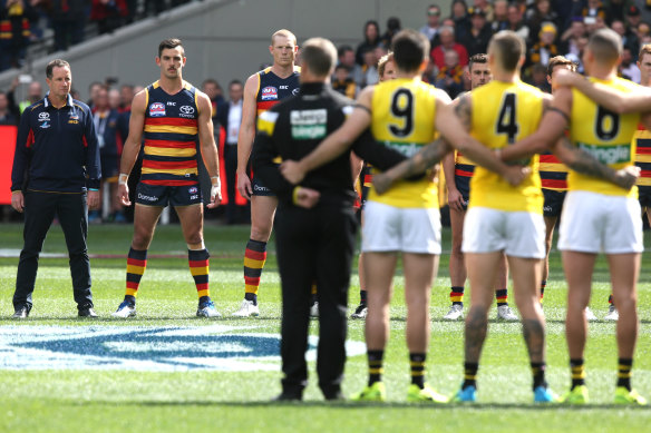 The Crows adopt the ‘power stance’ as they face off against Richmond before the 2017 Grand Final.