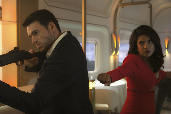 Richard Madden as Mason Kane, Priyanka Chopra Jonas as Nadia Sinh in Amazon’s global spy thriller Citadel.