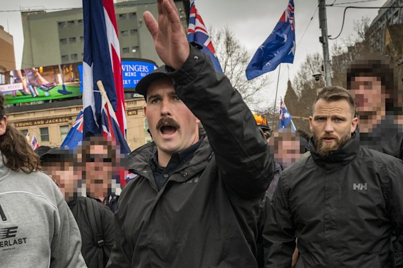 National Socialist Network leader Thomas Sewell (centre) at a March for Australia rally in Melbourne in August.