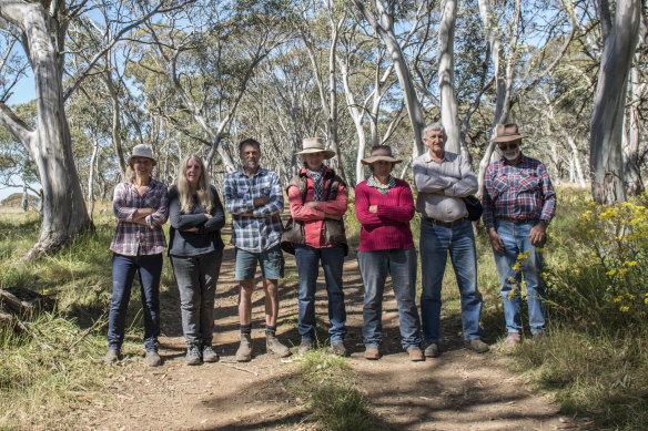 Environmentalists and graziers (left to right): Louise Crisp, Robyn Grant, John Hermans, Rhonda Treasure, Christa Treasure, Ray Anderson and Bruce Treasure meet on the Dargo high plains to discuss logging threats.