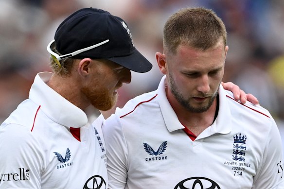 England captain Ben Stokes with fast bowler Gus Atkinson on day two of the Perth Test.