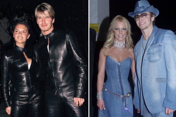Victoria and David Beckham wearing matching Gucci leather suits in 1999 and Britney Spears with Justin Timberlake in denim at the AMAs in 2001.