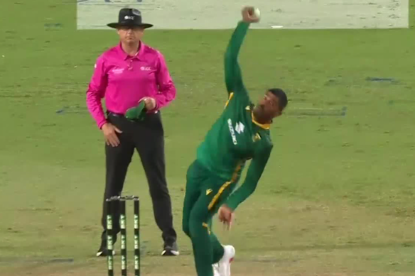 Prenelan Subrayen bowls against Australia on Tuesday night in Cairns.