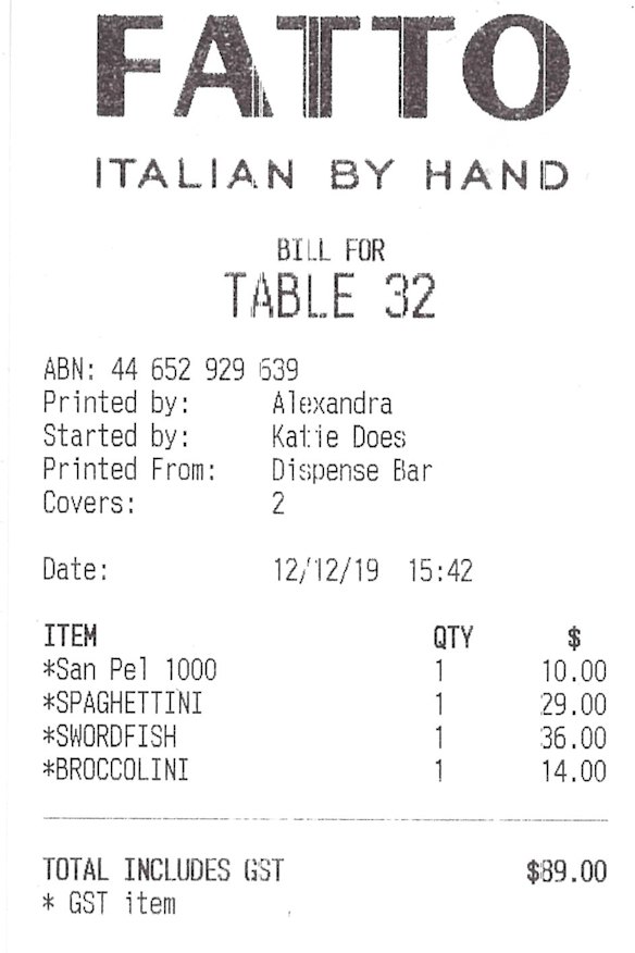 The receipt for lunch with Leah Purcell.
