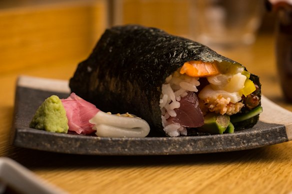 The mighty “CholesteRoll” with monkfish liver, toro, salmon roe, chive and truffle paste at Nori Maki.