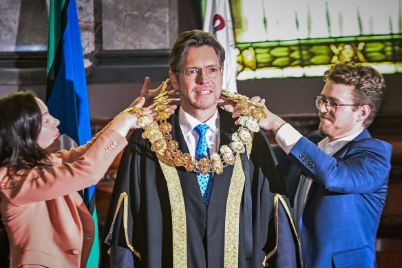 Nick Reece being sworn in as the 105th lord mayor of Melbourne in November.