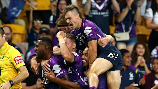 The Storm piled on 24 points in as many minutes to blow Canberra away.