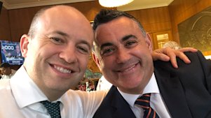 Matt Kean, the NSW Energy and Environment Minister (left) with NSW Nationals leader John Barilaro at the Perth COAG event in November 2019. Kean credits support from Barilaro as critical to getting his energy policy through.