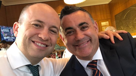 Matt Kean, the NSW Energy and Environment Minister (left) with NSW Nationals leader John Barilaro at the Perth COAG event in November 2019. Kean credits support from Barilaro as critical to getting his energy policy through.
