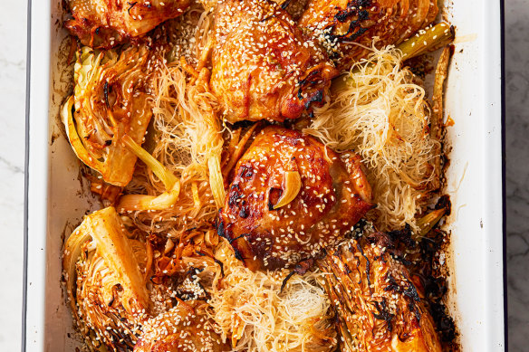 Gochujang chicken noodle traybake is a Korean-inspired one-tray wonder.