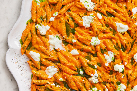 Jarred red pepper pasta can be on the table in a flash.
