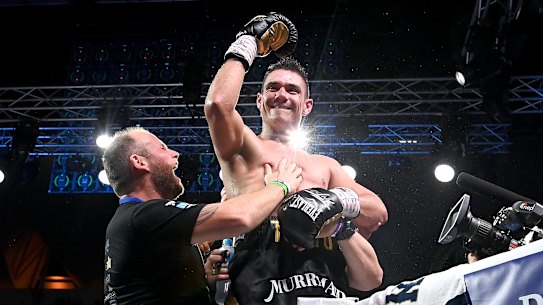 TOWNSVILLE, AUSTRALIA - AUGUST 26: Tim Tszyu celebrates victory in his fight against Jeff Horn during the WBO Global & IBF Australasian Super Welterweight title bout at QCB Stadium on August 26, 2020 in Townsville, Australia. (Photo by Bradley Kanaris/Getty Images)