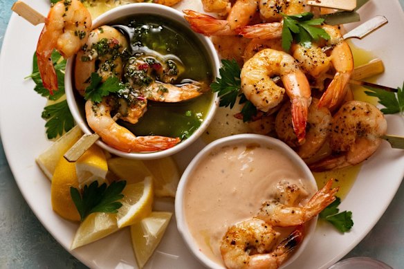 Barbecue prawns with two brilliant sauces.