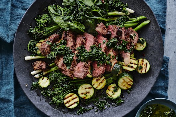 Steak with barbecued greens.
