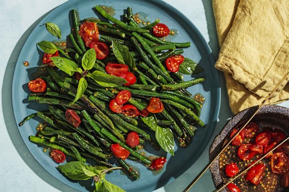 Grilled snake bean and basil salad.