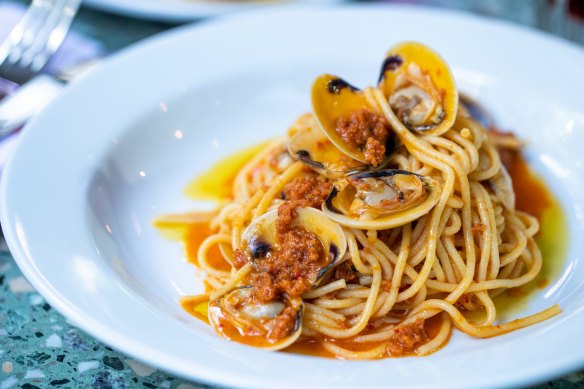Spaghetti with ’nduja, clams and white wine from Bastardo in Surry Hills will be available in the CBD.